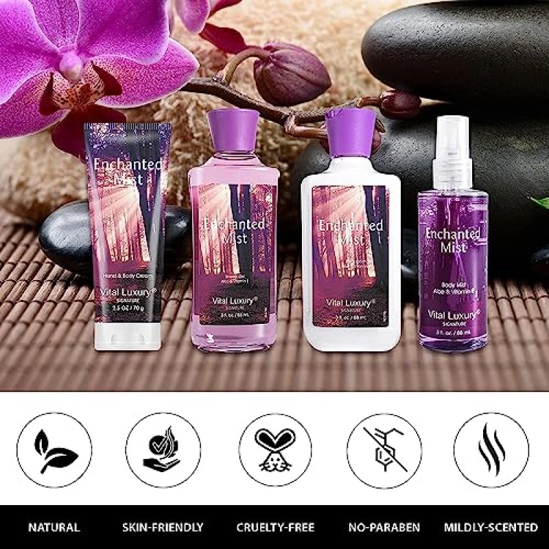 Vital Luxury Enchanted Mist 향기 목욕 및 바디 키트, 3 Fl Oz, 이상적인 스킨케어 선물 홈 스파 세트, 바디 로션, 샤워 젤, 바디 크림 및 향수 미스트 포함, 크리스마스 선물 세트