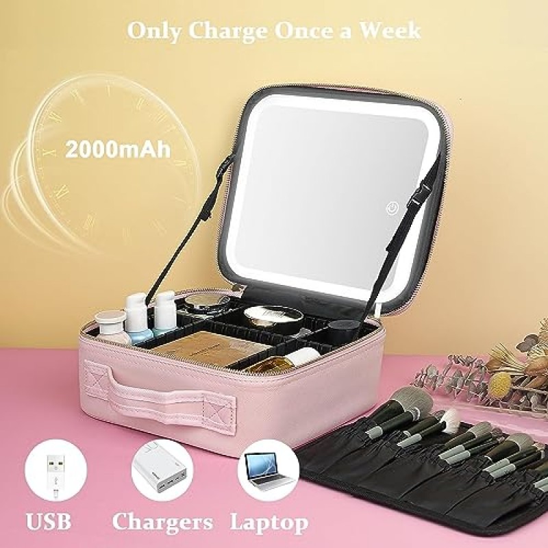 거울이 있는 KEMETIK 메이크업 가방, LED 거울 조명이 있는 분할 가능한 메이크업 가방, 전문 메이크업 여행 케이스 화장품 가방 정리함, 거울과 조명이 있는 휴대용 메이크업 케이스, 핑크(M)