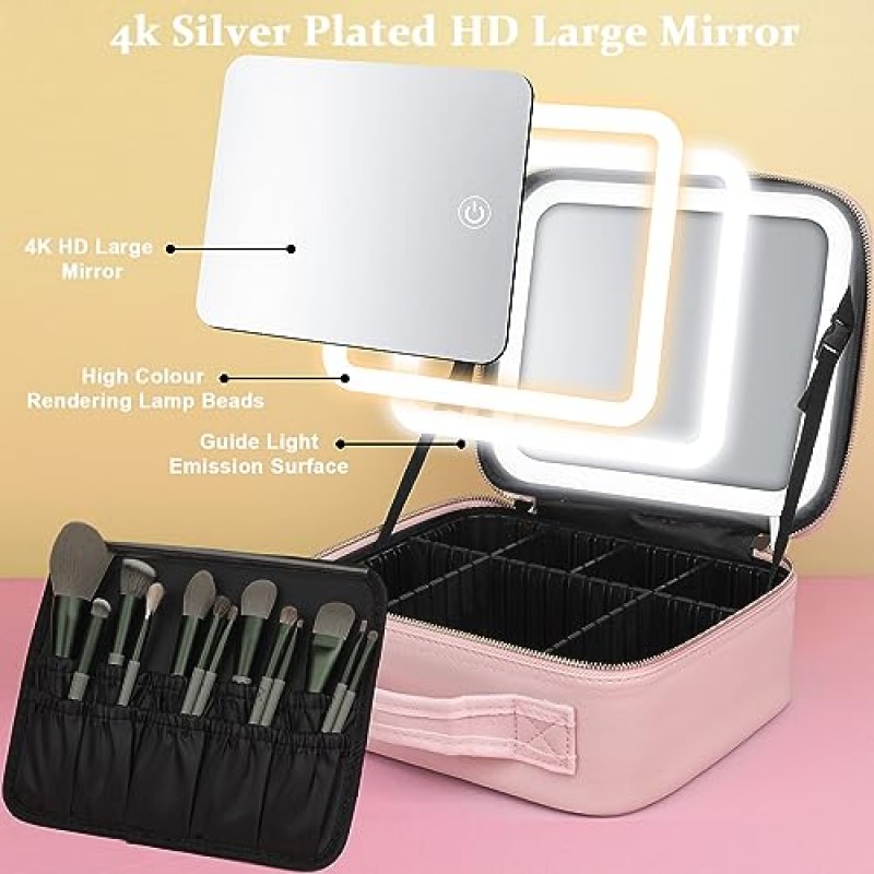 거울이 있는 KEMETIK 메이크업 가방, LED 거울 조명이 있는 분할 가능한 메이크업 가방, 전문 메이크업 여행 케이스 화장품 가방 정리함, 거울과 조명이 있는 휴대용 메이크업 케이스, 핑크(M)