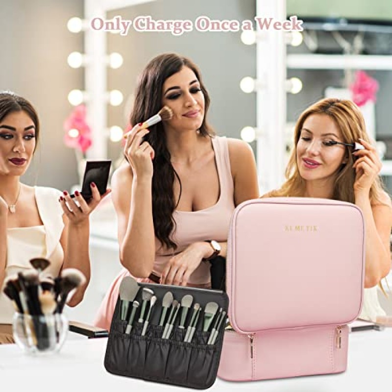 거울이 있는 KEMETIK 메이크업 가방, LED 거울 조명이 있는 분할 가능한 메이크업 가방, 전문 메이크업 여행 케이스 화장품 가방 정리함, 거울과 조명이 있는 휴대용 메이크업 케이스, 핑크(M)
