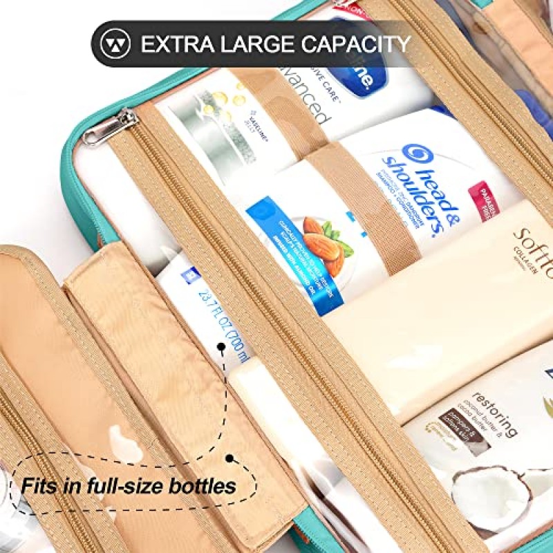 COOSKY 여성용 여행용 세면도구 가방, 풀 사이즈 샴푸 보관 가능, 보석 정리함 포함, 초대형 방수 화장품 메이크업, 트롤리 벨트가 포함된 세면도구 키트 세트, 블루