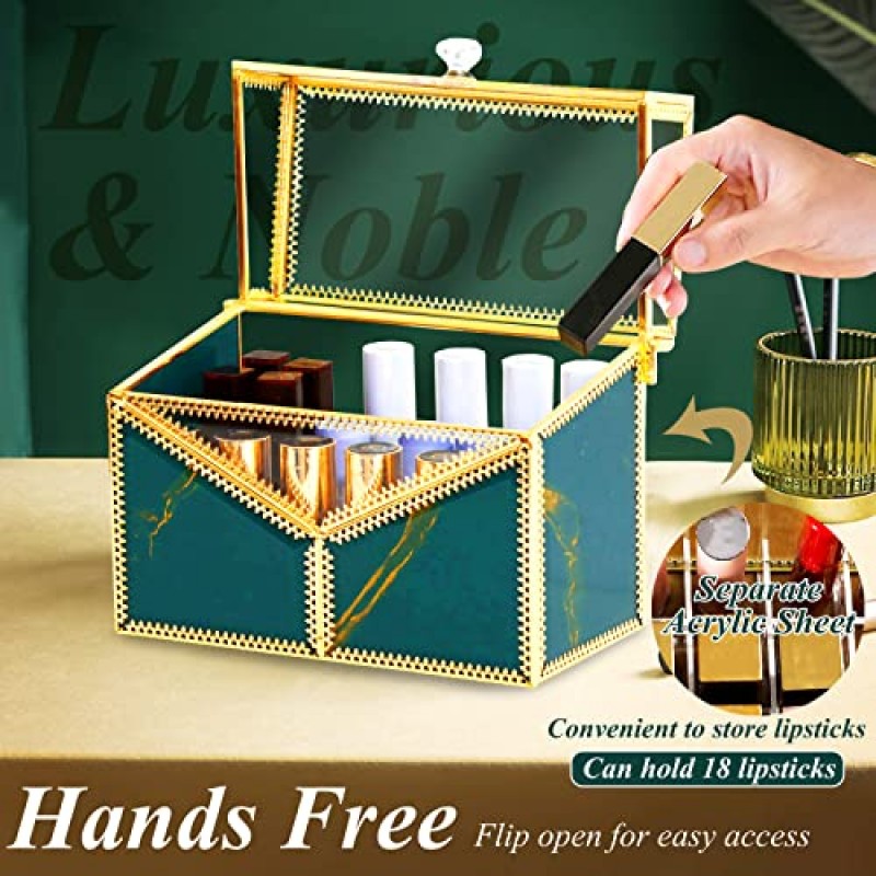CoralHouse 립스틱 케이스, 립스틱 정리함, 립스틱 홀더 및 정리함, 럭셔리 빈티지 GreenTempered 유리 옷장 정리함, 탈착식 칸막이 포함, 슬롯 18개