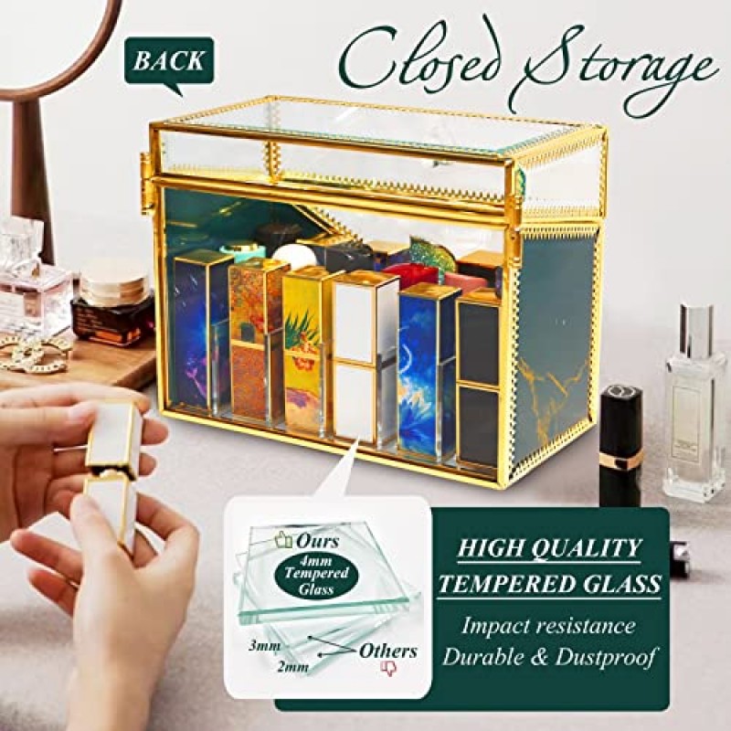 CoralHouse 립스틱 케이스, 립스틱 정리함, 립스틱 홀더 및 정리함, 럭셔리 빈티지 GreenTempered 유리 옷장 정리함, 탈착식 칸막이 포함, 슬롯 18개