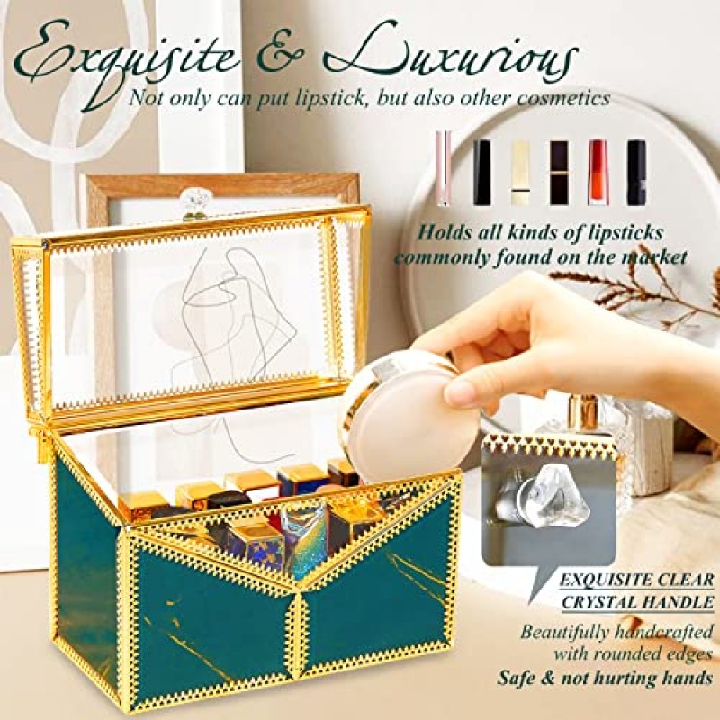 CoralHouse 립스틱 케이스, 립스틱 정리함, 립스틱 홀더 및 정리함, 럭셔리 빈티지 GreenTempered 유리 옷장 정리함, 탈착식 칸막이 포함, 슬롯 18개