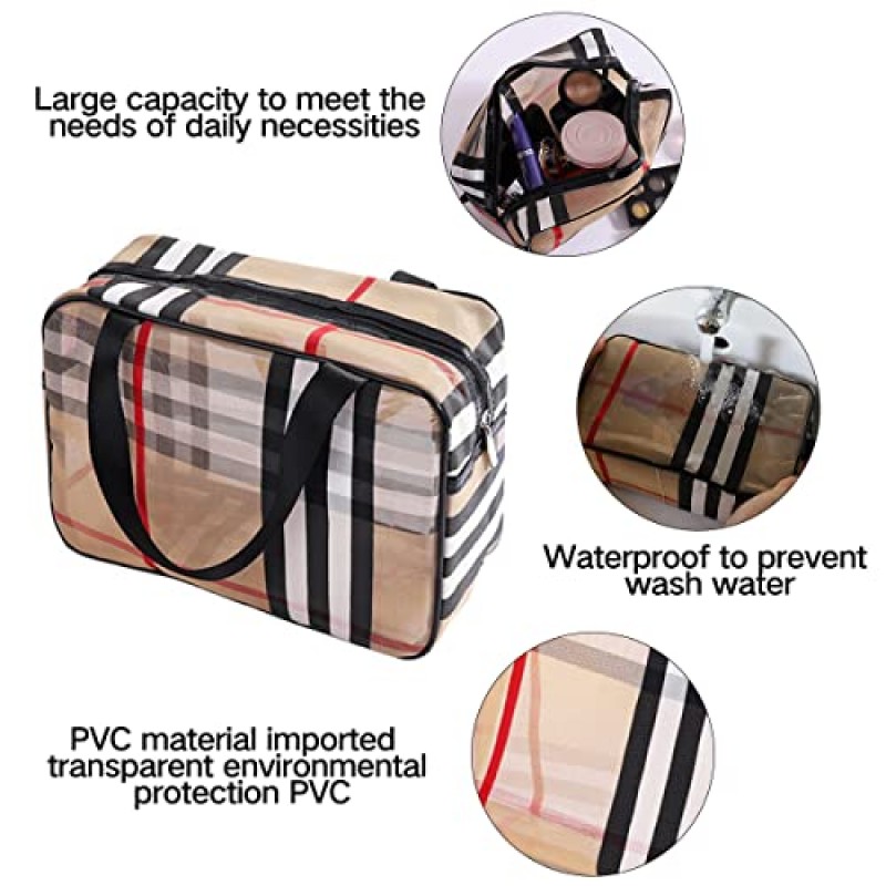 메이크업 가방 3Pcs, 전문 화장품 메이크업 가방 여행 케이스 정리함, 액세서리 케이스, 휴대용 세면 용품 가방 여성용 지우기 도구, 방수 및 샤워 액세서리 정리함 (체크 무늬)