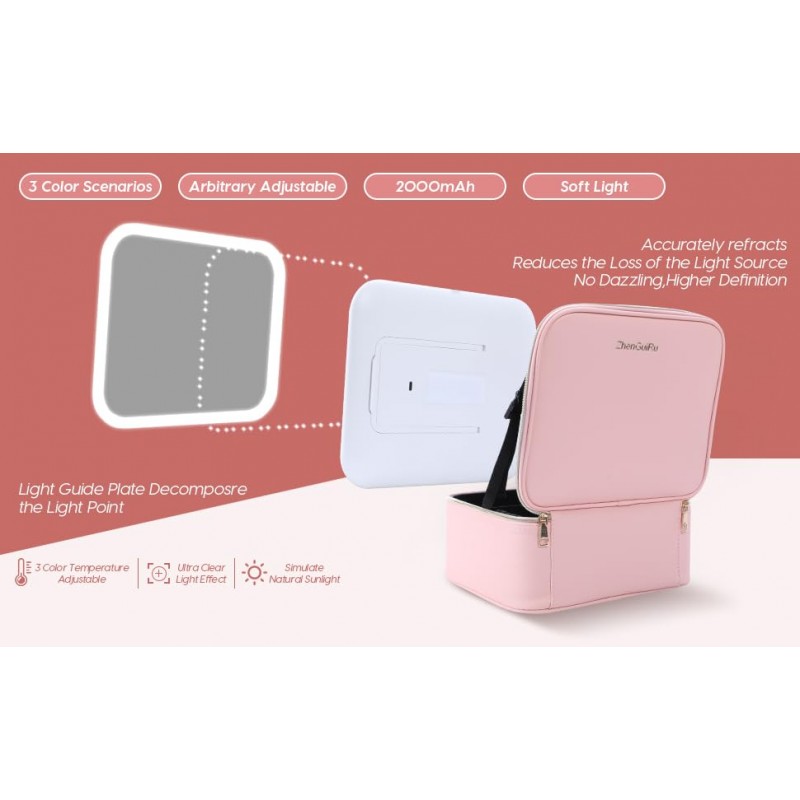 ZhenGuiRu 여행 화장품 메이크업 가방 LED 조명 거울 3 색 시나리오 조정 가능한 밝기, DIY 분배기가 있는 방수 화장품 기차 케이스 주최자, 여성용 화장품 세면용품 케이스 선물