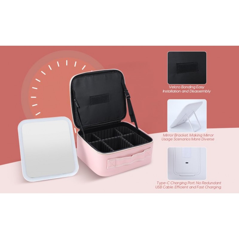 ZhenGuiRu 여행 화장품 메이크업 가방 LED 조명 거울 3 색 시나리오 조정 가능한 밝기, DIY 분배기가 있는 방수 화장품 기차 케이스 주최자, 여성용 화장품 세면용품 케이스 선물