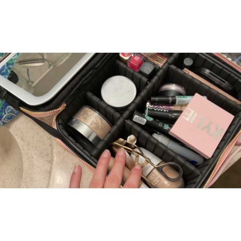 ZhenGuiRu 여행 화장품 메이크업 가방 LED 조명 거울 3 색 시나리오 조정 가능한 밝기, DIY 분배기가 있는 방수 화장품 기차 케이스 주최자, 여성용 화장품 세면용품 케이스 선물