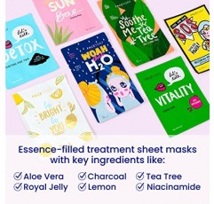 FACETORY 베스트 오브 세븐 페이셜 마스크 컬렉션(14개입) - 수분 공급, 래디언스 부스트, 진정, 활력, 영양 공급, 피부 정화 - 모든 피부 타입용, 버라이어티 팩