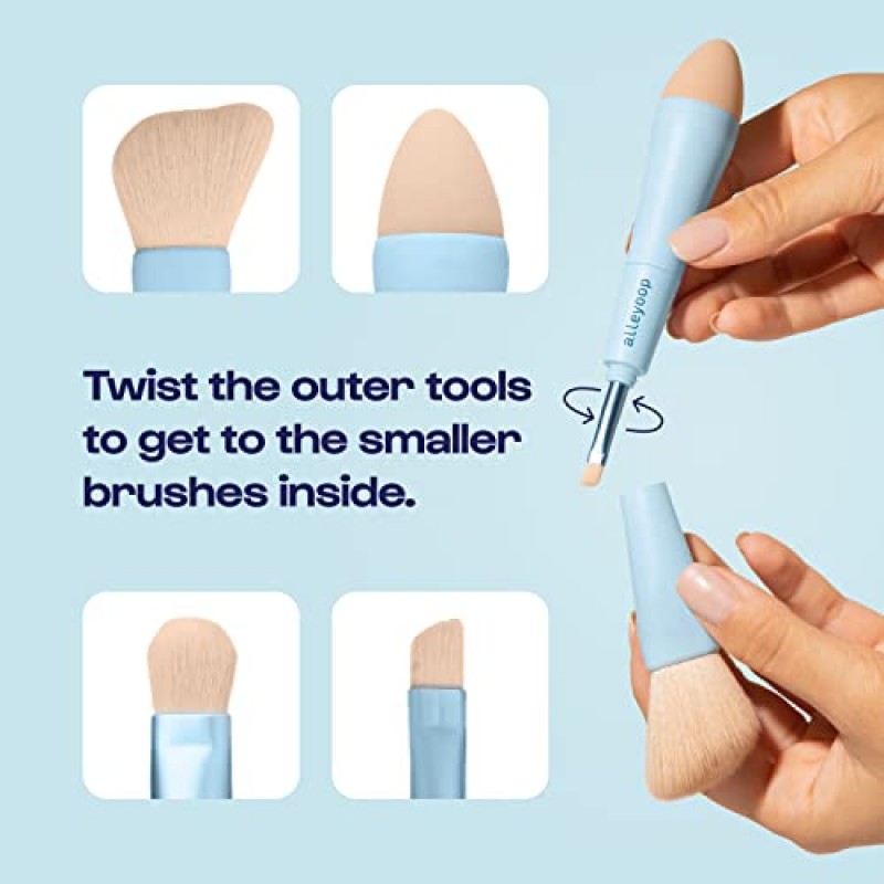 Alleyoop 멀티태스커 4-in-1 여행용 메이크업 브러쉬 - 올인원 스펀지, 아이섀도우, 아이브로우, 라이너 및 블러셔 파운데이션, 컨실러, 파우더 빌더블 커버리지 비건, 듀얼 엔드 여행 친화적