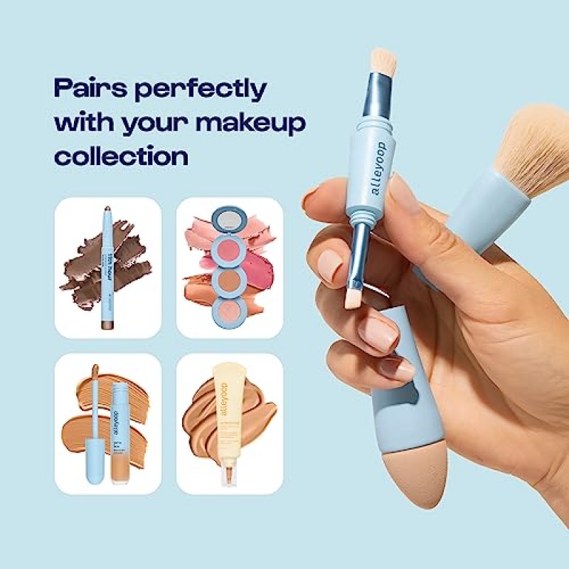 Alleyoop 멀티태스커 4-in-1 여행용 메이크업 브러쉬 - 올인원 스펀지, 아이섀도우, 아이브로우, 라이너 및 블러셔 파운데이션, 컨실러, 파우더 빌더블 커버리지 비건, 듀얼 엔드 여행 친화적