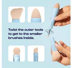 Alleyoop 멀티태스커 4-in-1 여행용 메이크업 브러쉬 - 올인원 스펀지, 아이섀도우, 아이브로우, 라이너 및 블러셔 파운데이션, 컨실러, 파우더 빌더블 커버리지 비건, 듀얼 엔드 여행 친화적