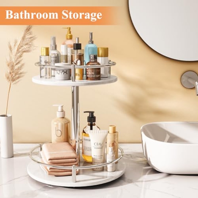 화장대용 회전 메이크업 정리함 - 스킨케어 향수 화장품 디스플레이 욕실 대리석 트레이 2단 회전 게으른 수잔, 화이트