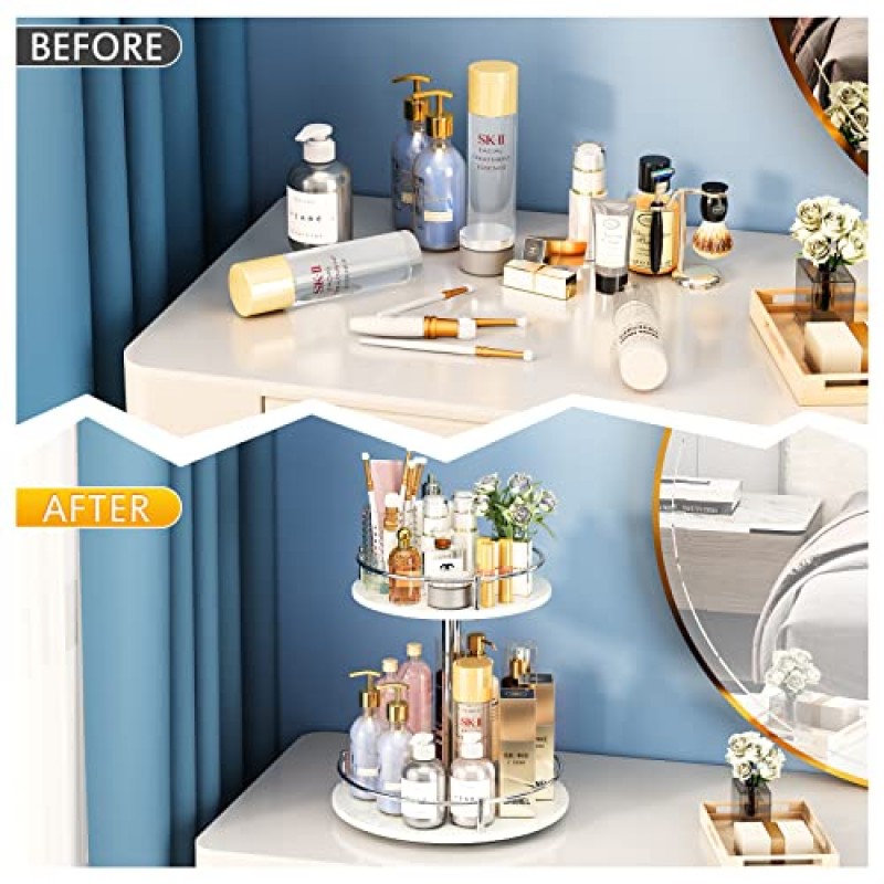 화장대용 회전 메이크업 정리함 - 스킨케어 향수 화장품 디스플레이 욕실 대리석 트레이 2단 회전 게으른 수잔, 화이트