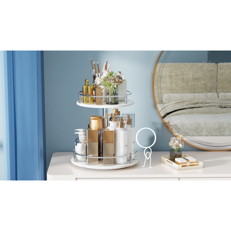 화장대용 회전 메이크업 정리함 - 스킨케어 향수 화장품 디스플레이 욕실 대리석 트레이 2단 회전 게으른 수잔, 화이트