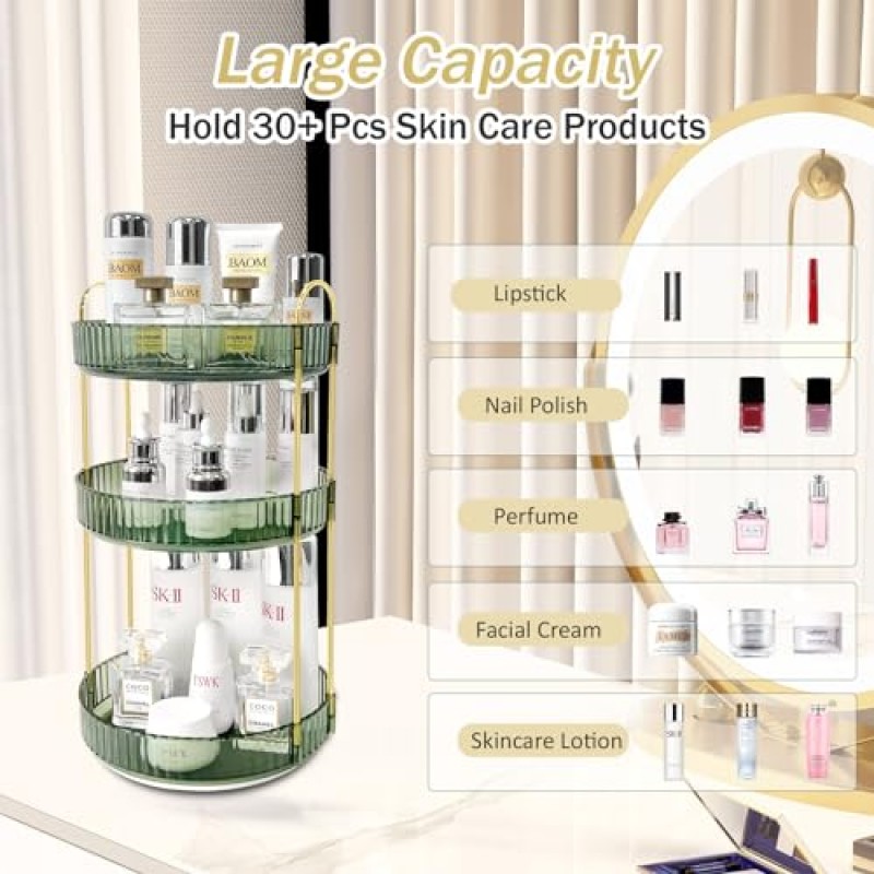 SPACY MAYA 360°회전 화장대용 메이크업 정리함, 대용량 스킨케어 정리함, 화장품용 옷장 보관함, 욕실 조리대 정리함, 향수 스탠드 홀더, 회전식 메이크업 선반(녹색)