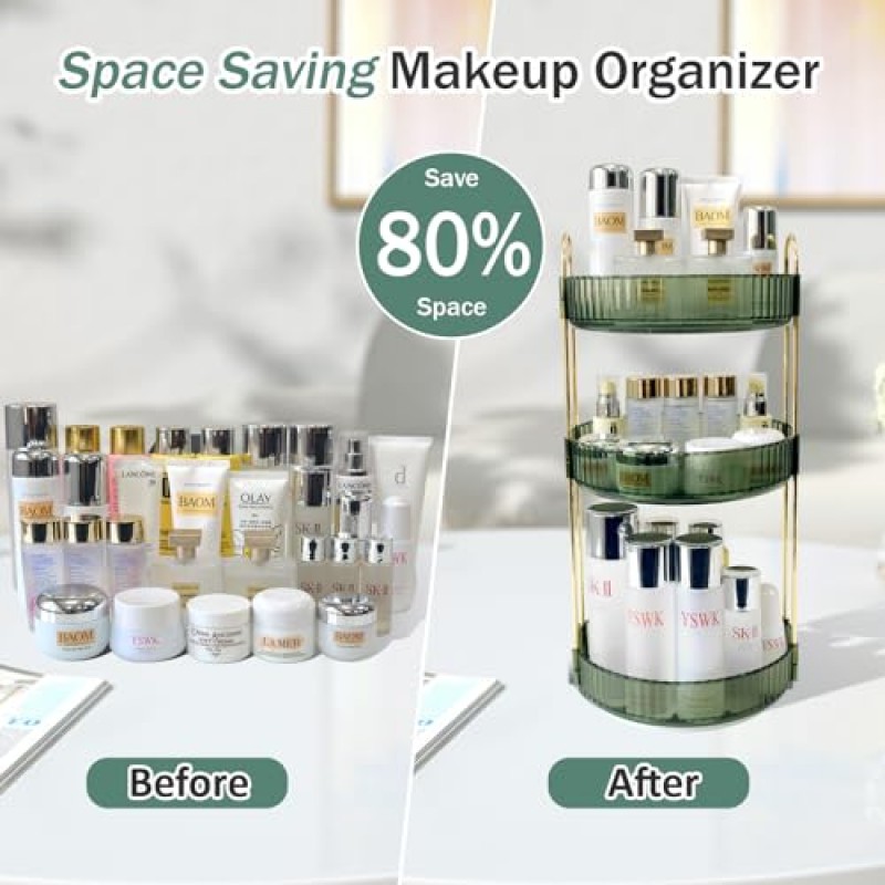 SPACY MAYA 360°회전 화장대용 메이크업 정리함, 대용량 스킨케어 정리함, 화장품용 옷장 보관함, 욕실 조리대 정리함, 향수 스탠드 홀더, 회전식 메이크업 선반(녹색)