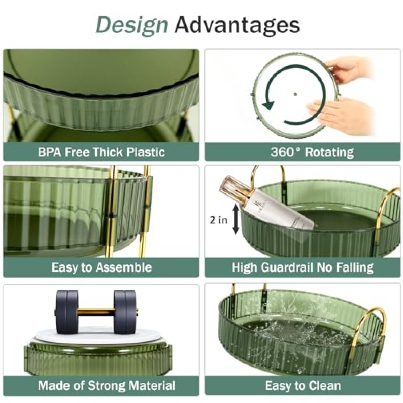 SPACY MAYA 360°회전 화장대용 메이크업 정리함, 대용량 스킨케어 정리함, 화장품용 옷장 보관함, 욕실 조리대 정리함, 향수 스탠드 홀더, 회전식 메이크업 선반(녹색)