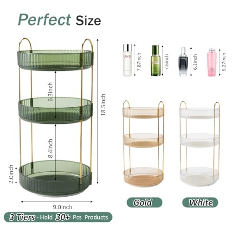 SPACY MAYA 360°회전 화장대용 메이크업 정리함, 대용량 스킨케어 정리함, 화장품용 옷장 보관함, 욕실 조리대 정리함, 향수 스탠드 홀더, 회전식 메이크업 선반(녹색)