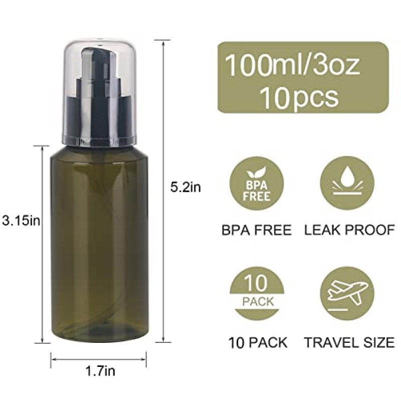 Sookdeo 미니 디스펜서 여행용 펌프 및 뚜껑이 있는 휴대용 무료 리필용 병 샴푸 컨디셔너 샤워 비누 작업 핸드 비누 로션 메이크업 에센셜 오일, 10 팩, 3온스, 100ml (그린)