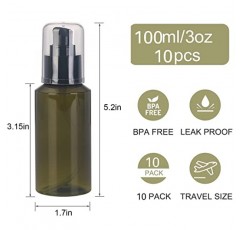 Sookdeo 미니 디스펜서 여행용 펌프 및 뚜껑이 있는 휴대용 무료 리필용 병 샴푸 컨디셔너 샤워 비누 작업 핸드 비누 로션 메이크업 에센셜 오일, 10 팩, 3온스, 100ml (그린)