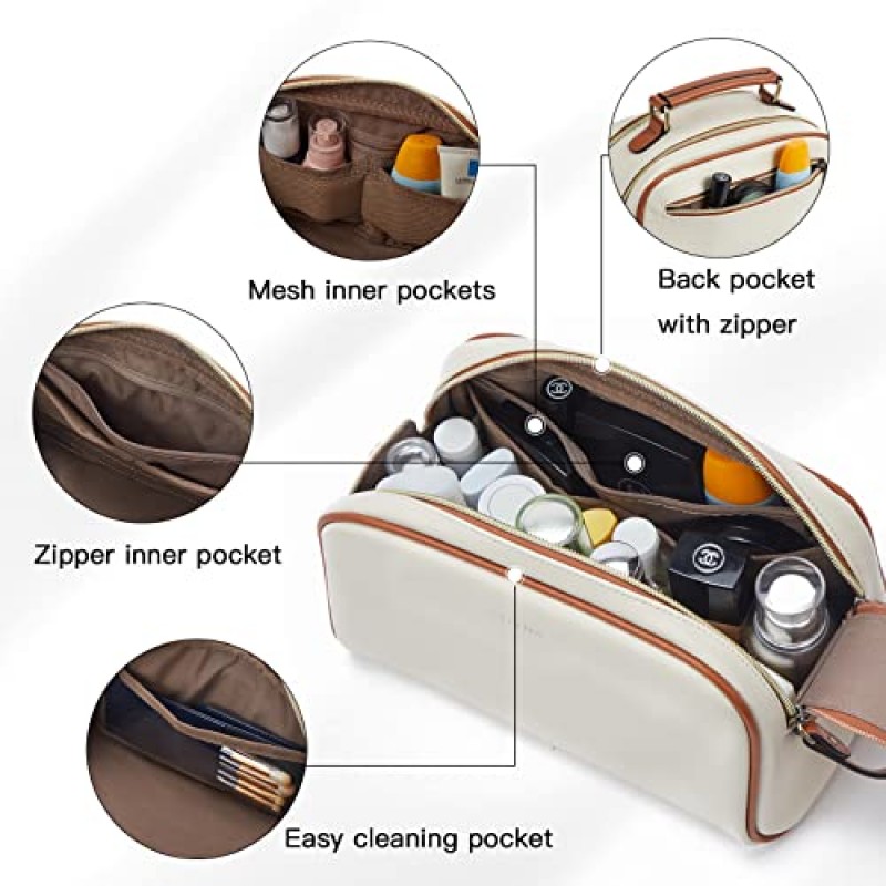 Telena 여행 세면 용품 가방 메이크업 화장품 가방 여성용 방수 PU 가죽 세면 용품 주최자 브라운과 휴대용 대용량 베이지