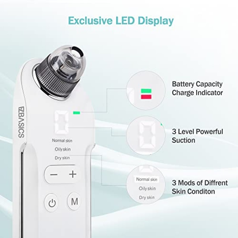2023 최신 블랙헤드 리무버 페이스 모공 진공 청소기 EZBASICS 블랙헤드 진공 충전식 화이트 헤드 제거 3개의 조절 가능한 흡입력 블랙헤드 추출기 도구(LED 디스플레이 포함)(흰색)
