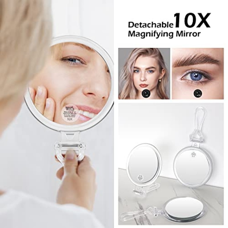 조명 거울 조명 메이크업 케이스가 포함된 Wangselect 메이크업 가방 조절 가능한 분배기, 보석 상자 및 1x/10x 확대 거울 샴페인이 있는 조명 메이크업 케이스