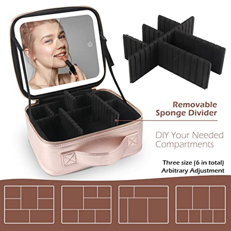 조명 거울 조명 메이크업 케이스가 포함된 Wangselect 메이크업 가방 조절 가능한 분배기, 보석 상자 및 1x/10x 확대 거울 샴페인이 있는 조명 메이크업 케이스