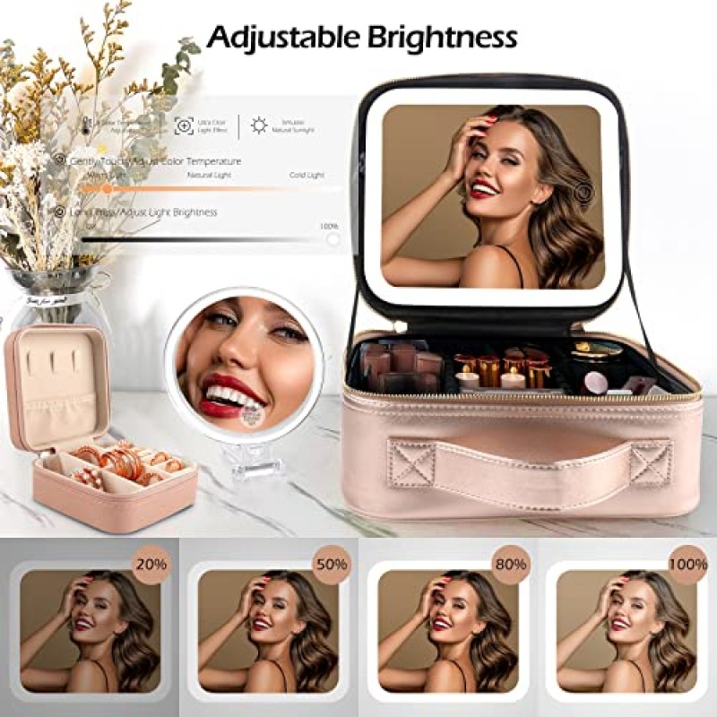 조명 거울 조명 메이크업 케이스가 포함된 Wangselect 메이크업 가방 조절 가능한 분배기, 보석 상자 및 1x/10x 확대 거울 샴페인이 있는 조명 메이크업 케이스