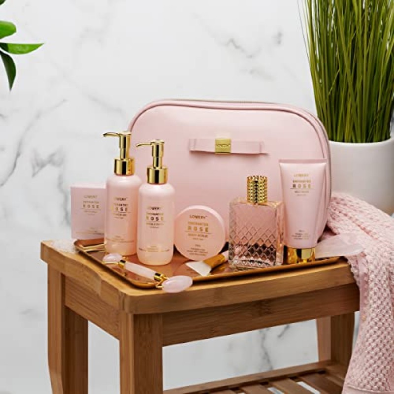 여성용 바비 인챈티드 로즈 스파 선물 바구니, 샤워 젤, 거품 목욕, 바디 스크럽, 머드 마스크, 향수, 구아샤, 스파 키트가 포함된 셀프 케어 키트 목욕 세트, 여성용 생일 선물 세트, 엄마, 어머니의 날