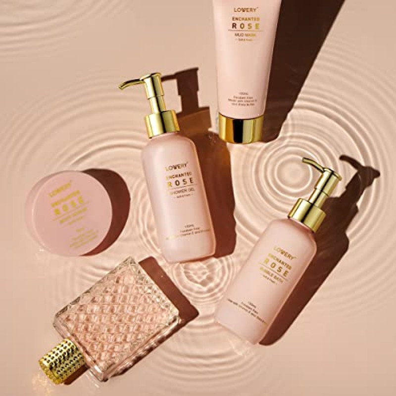 여성용 바비 인챈티드 로즈 스파 선물 바구니, 샤워 젤, 거품 목욕, 바디 스크럽, 머드 마스크, 향수, 구아샤, 스파 키트가 포함된 셀프 케어 키트 목욕 세트, 여성용 생일 선물 세트, 엄마, 어머니의 날