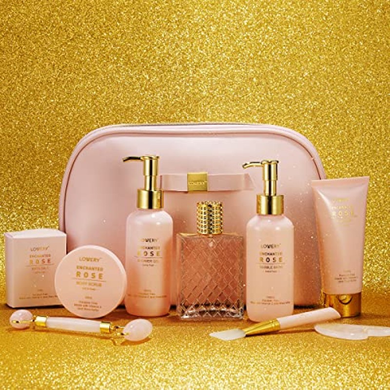 여성용 바비 인챈티드 로즈 스파 선물 바구니, 샤워 젤, 거품 목욕, 바디 스크럽, 머드 마스크, 향수, 구아샤, 스파 키트가 포함된 셀프 케어 키트 목욕 세트, 여성용 생일 선물 세트, 엄마, 어머니의 날