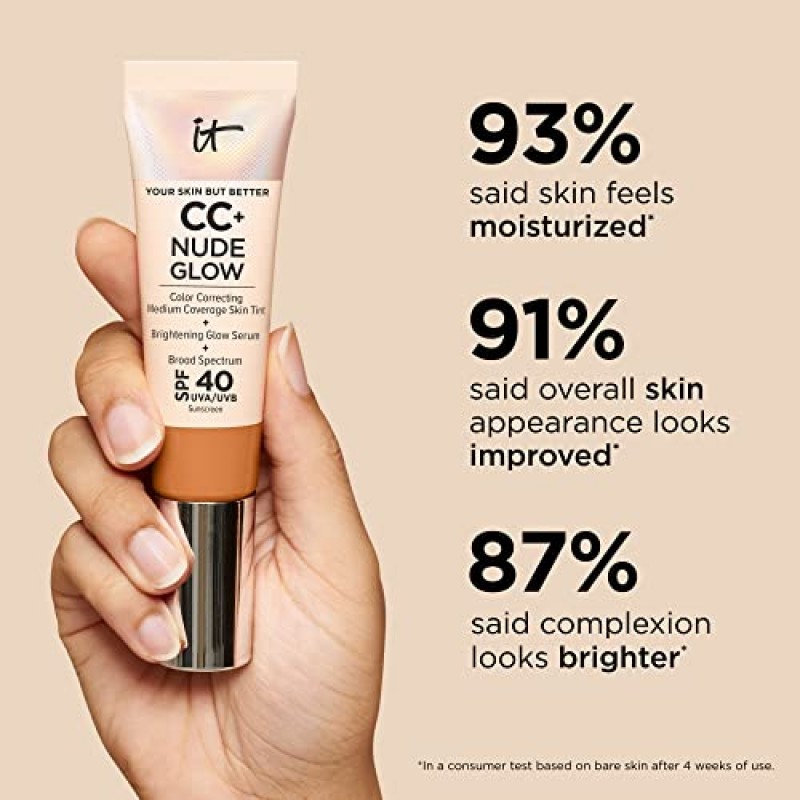 IT Cosmetics CC+ 누드 글로우 경량 파운데이션 + SPF 40 글로우 세럼 - 나이아신아미드, 히알루론산, 녹차 추출물 함유 - 1.08 fl oz