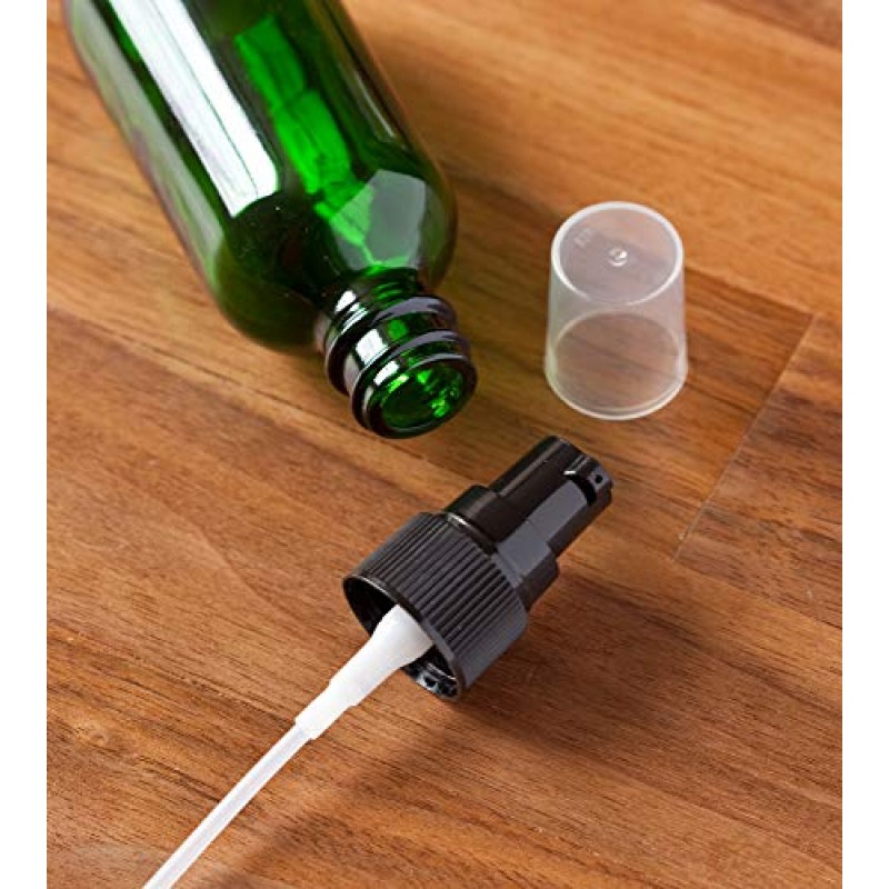 JUVITUS 2온스 녹색 유리 럭셔리 보스턴 원형 병, 블랙 트리트먼트 펌프 포함(24팩) + 깔때기 I 리필 가능 빈 보관 용기