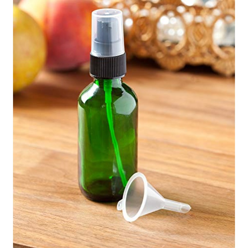 JUVITUS 2온스 녹색 유리 럭셔리 보스턴 원형 병, 블랙 트리트먼트 펌프 포함(24팩) + 깔때기 I 리필 가능 빈 보관 용기