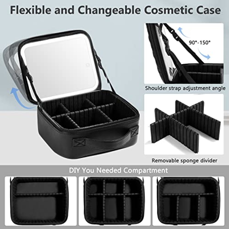 LED 조명 거울이 있는 PEEH 여행용 메이크업 가방, 조절 가능한 칸막이와 10배 확대 거울이 있는 메이크업 트레인 케이스, 여성용 화장품 정리함(검은색)