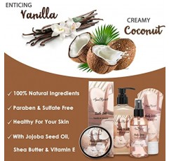 여성용 스파 선물 바구니 - 코코넛 & 바닐라가 포함된 고급 목욕 세트 - 스파 키트에는 바디 워시, 거품 목욕, 로션, 목욕 소금, 바디 스크럽, 바디 스프레이, 샤워 퍼프 및 수건이 포함되어 있습니다.