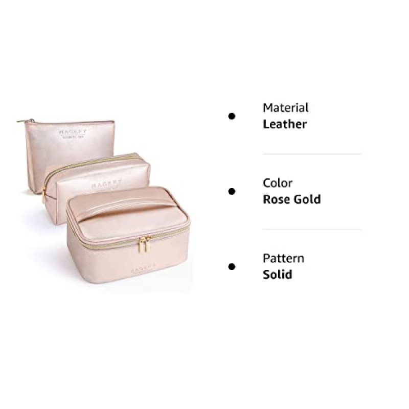 여성을위한 MAGEFY 3Pcs 메이크업 가방 지갑 (로즈 골드) 에 대 한 골드 지퍼 방수 메이크업 가방 주최자와 휴대용 여행 화장품 가방