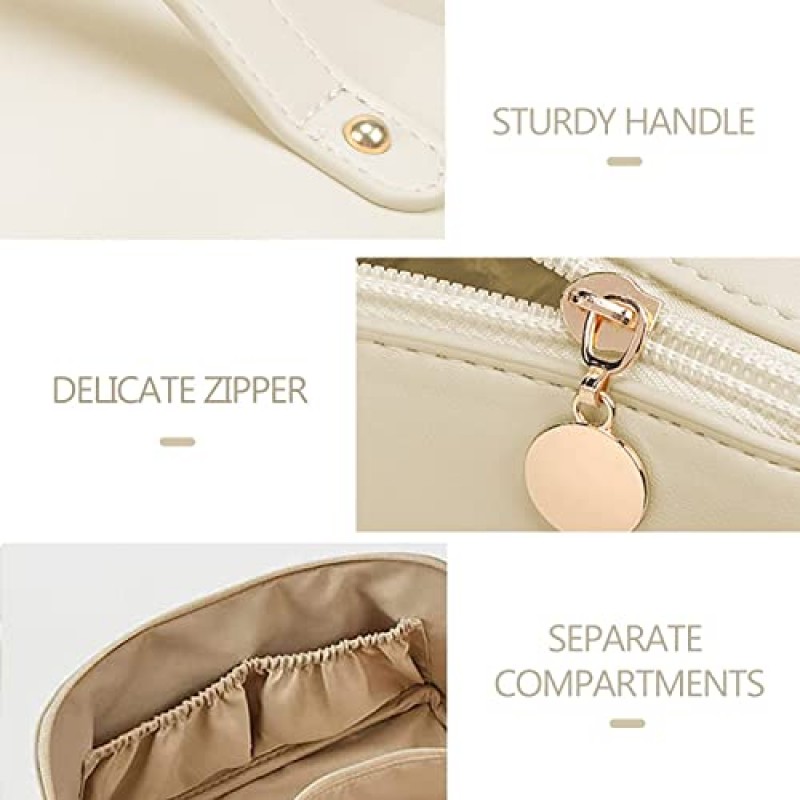 BAKLUCK 대용량 여행 메이크업 가방 화장품 가방, 여성용 방수 메이크업 주최자 가방 소녀, 구획 및 손잡이가있는 PU 가죽 메이크업 가방 화이트