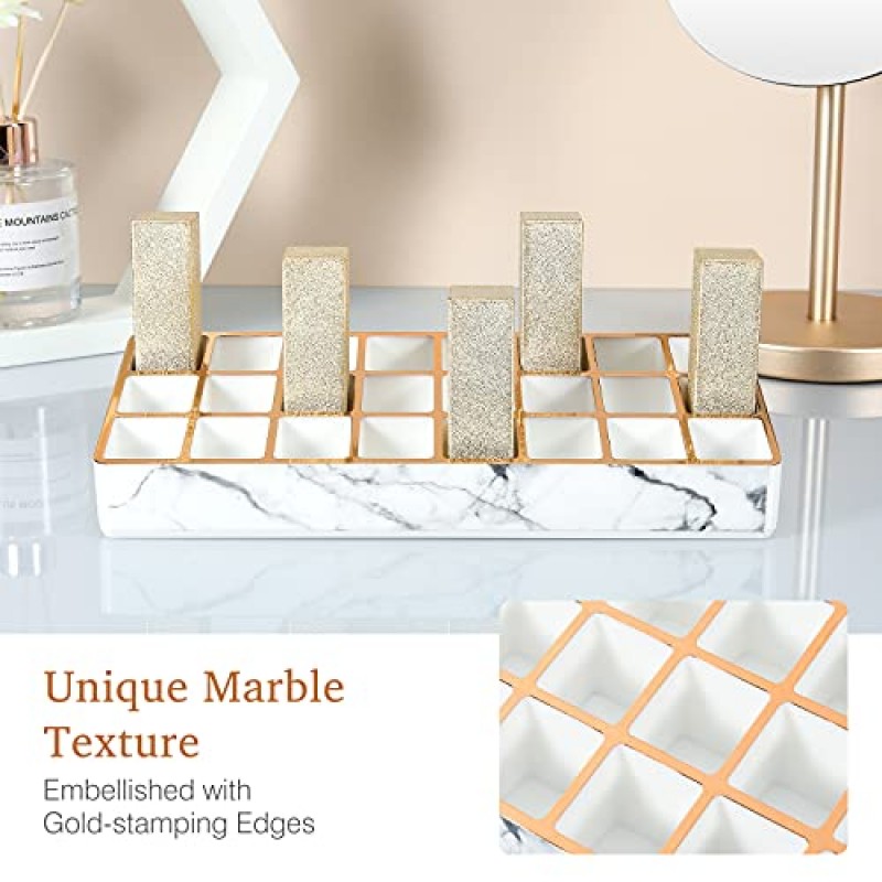Lewondr 립스틱 정리함, 독특한 골드 스탬핑 가장자리가 있는 화장대용 24슬롯 화장품 보관 립스틱 홀더, 립스틱용 대리석 메이크업 액세서리 보관 상자 스탠드, 립 글로스, 9