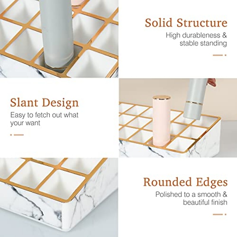 Lewondr 립스틱 정리함, 독특한 골드 스탬핑 가장자리가 있는 화장대용 24슬롯 화장품 보관 립스틱 홀더, 립스틱용 대리석 메이크업 액세서리 보관 상자 스탠드, 립 글로스, 9