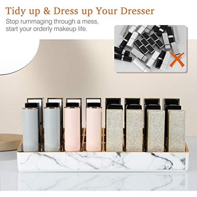 Lewondr 립스틱 정리함, 독특한 골드 스탬핑 가장자리가 있는 화장대용 24슬롯 화장품 보관 립스틱 홀더, 립스틱용 대리석 메이크업 액세서리 보관 상자 스탠드, 립 글로스, 9