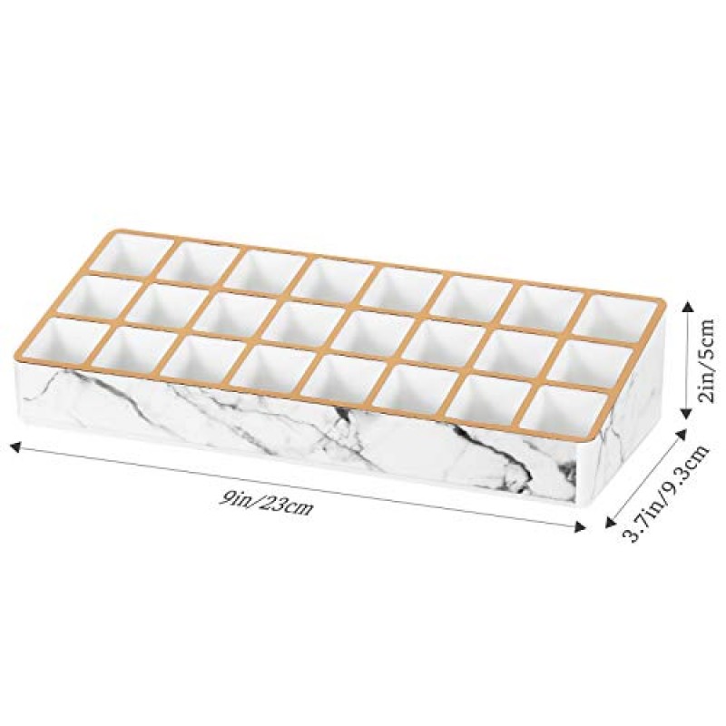 Lewondr 립스틱 정리함, 독특한 골드 스탬핑 가장자리가 있는 화장대용 24슬롯 화장품 보관 립스틱 홀더, 립스틱용 대리석 메이크업 액세서리 보관 상자 스탠드, 립 글로스, 9