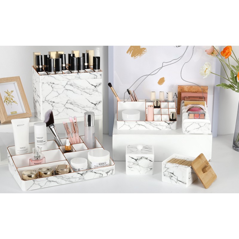 Lewondr 립스틱 정리함, 독특한 골드 스탬핑 가장자리가 있는 화장대용 24슬롯 화장품 보관 립스틱 홀더, 립스틱용 대리석 메이크업 액세서리 보관 상자 스탠드, 립 글로스, 9