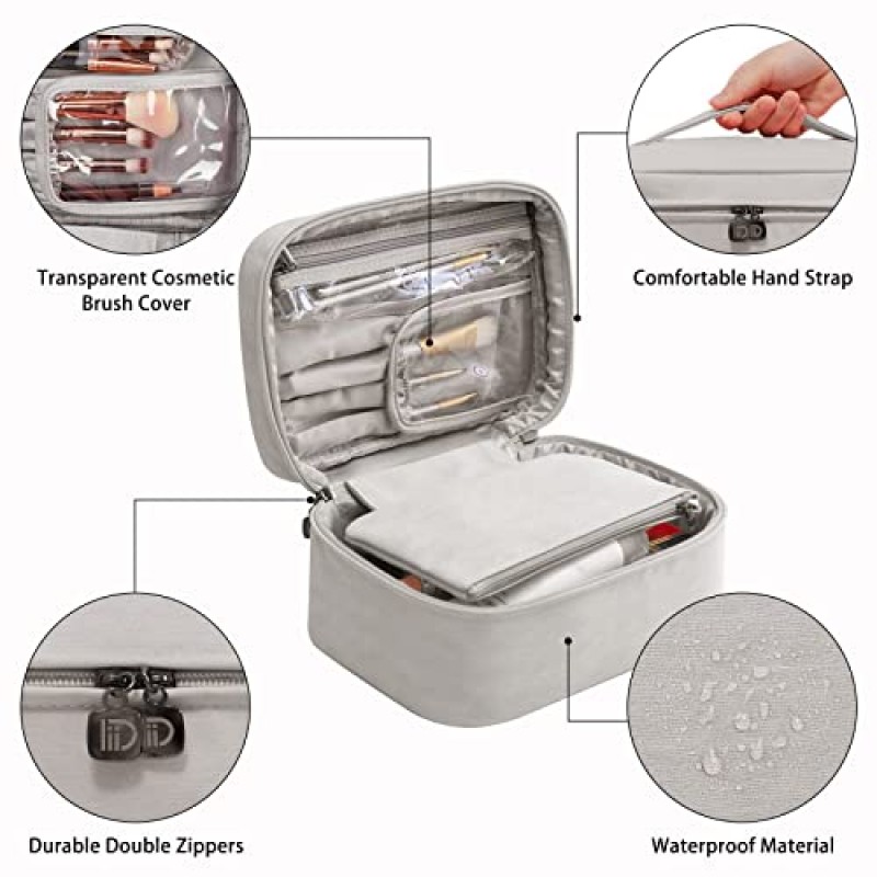 KTMOUW 메이크업 가방 방수 화장품 가방 가죽 메이크업 여행 가방 휴대용 메이크업 브러쉬 가방 여성용 다기능 메이크업 정리 가방 소녀, 2팩, 그레이