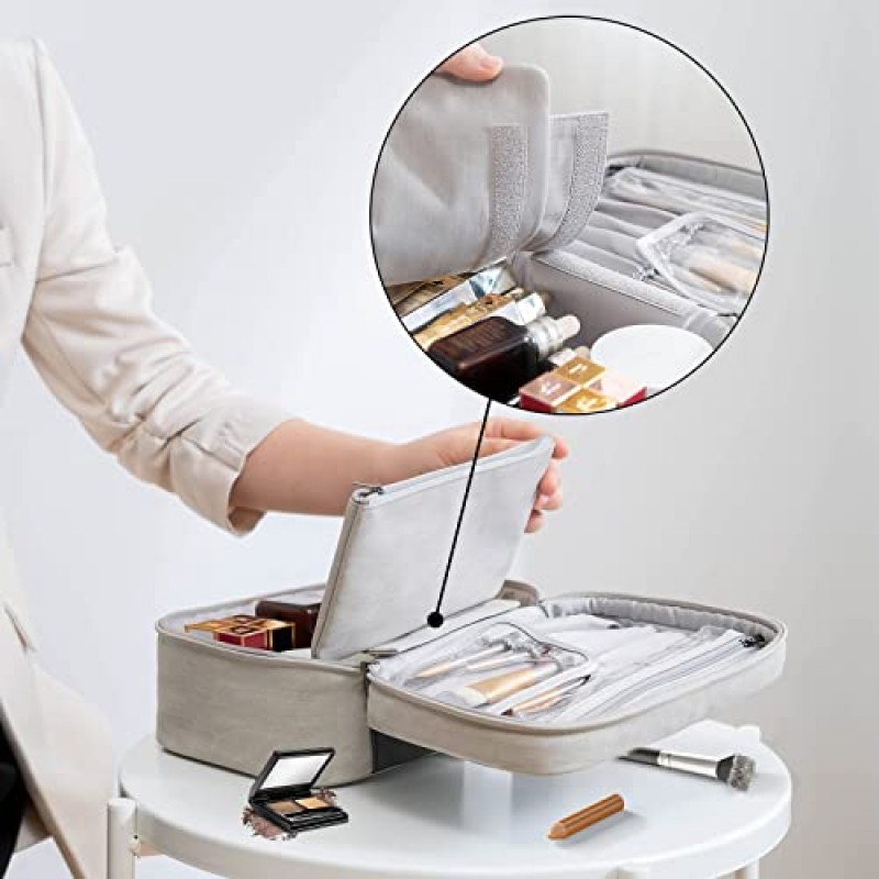 KTMOUW 메이크업 가방 방수 화장품 가방 가죽 메이크업 여행 가방 휴대용 메이크업 브러쉬 가방 여성용 다기능 메이크업 정리 가방 소녀, 2팩, 그레이