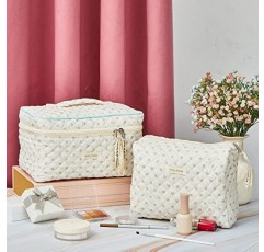 Zeyune 2 Pcs 코 튼 퀼트 메이크업 가방 대형 여행 Coquette 메이크업 가방 여자를위한 미적 귀여운 체리 꽃 곰 메이크업 가방 여자 (꽃 스타일)
