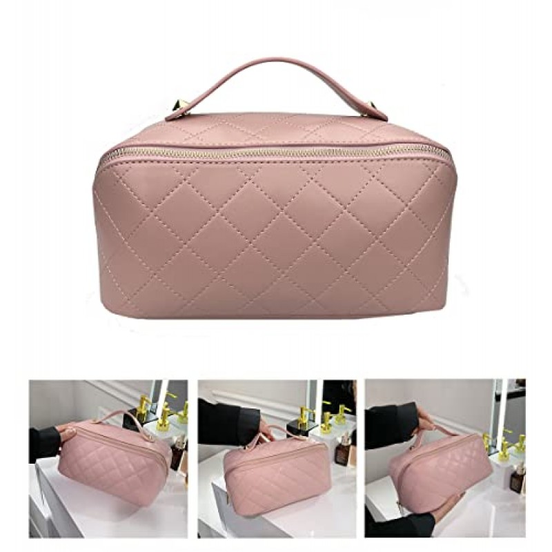bopomofo 핑크 메이크업 가방, 쉽게 접근할 수 있는 대형 오프닝 화장품 가방, PU 가죽 여행 메이크업 가방, 휴대용 방수 화장품 주최자 봉제