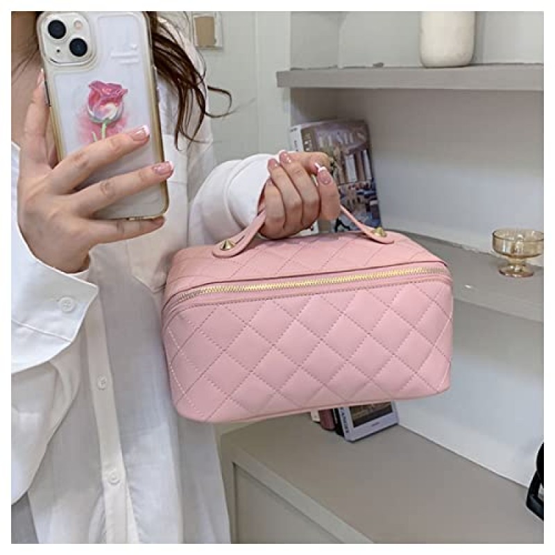 bopomofo 핑크 메이크업 가방, 쉽게 접근할 수 있는 대형 오프닝 화장품 가방, PU 가죽 여행 메이크업 가방, 휴대용 방수 화장품 주최자 봉제